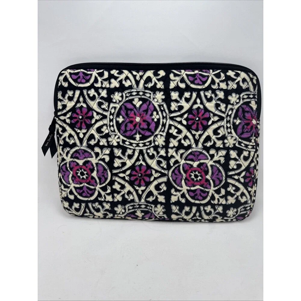Vera Bradley Flora Medallion Quilted Laptop Sleeve Black White Purple